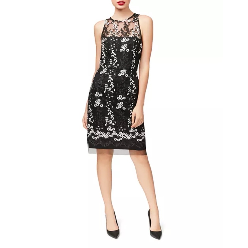 Betsey Johnson Embroidered Lace Sheath Dress Sleeveless Floral Black White